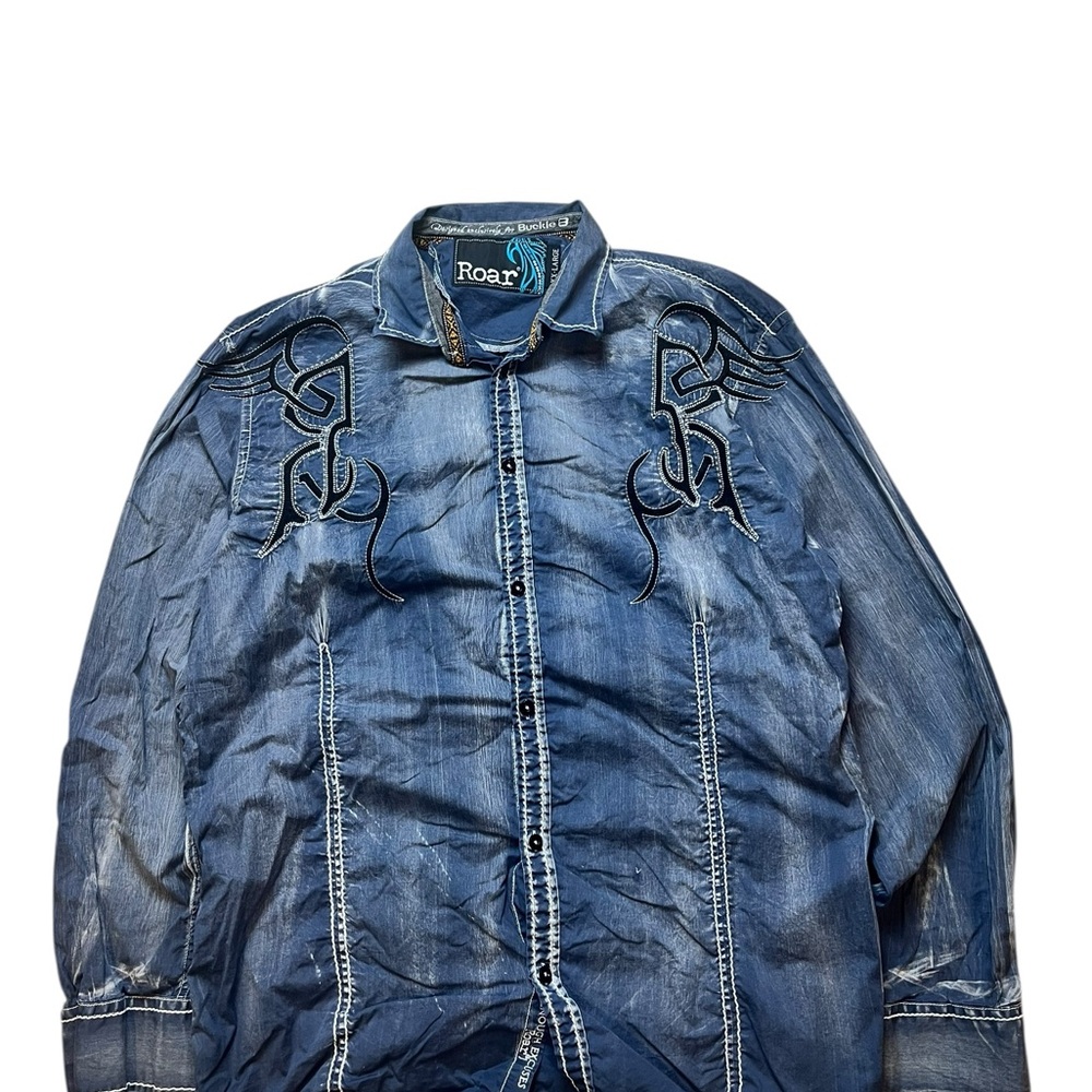 Roar Buckle Grunge Blue Denim Shirt with Embroidery